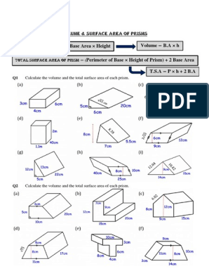 volume and surface area of prisms worksheet