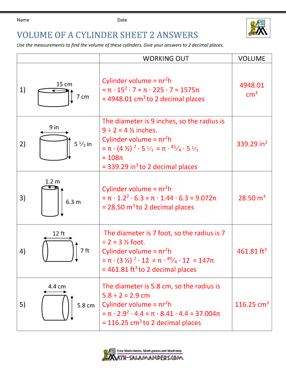Volume of a Cylinder Calculator - Worksheets Library