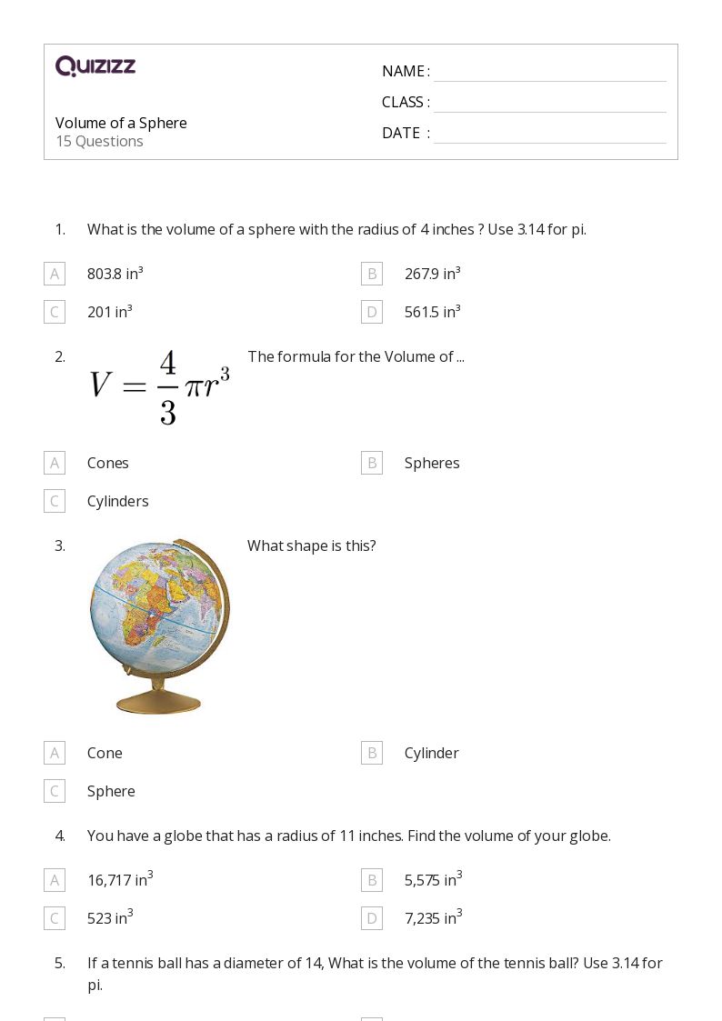 50+ Volume of a Sphere worksheets for 7th Grade on Quizizz | Free ...