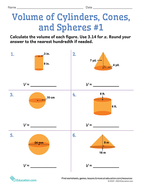 Volume of Cylinders, Cones, and Spheres Review with Word Problems Worksheets Library