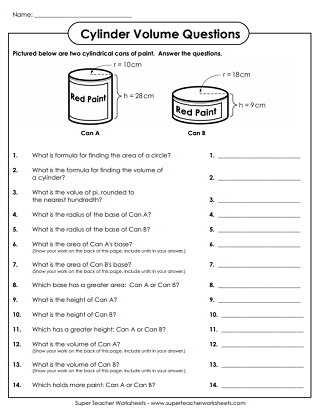 volume of cylinder worksheet
