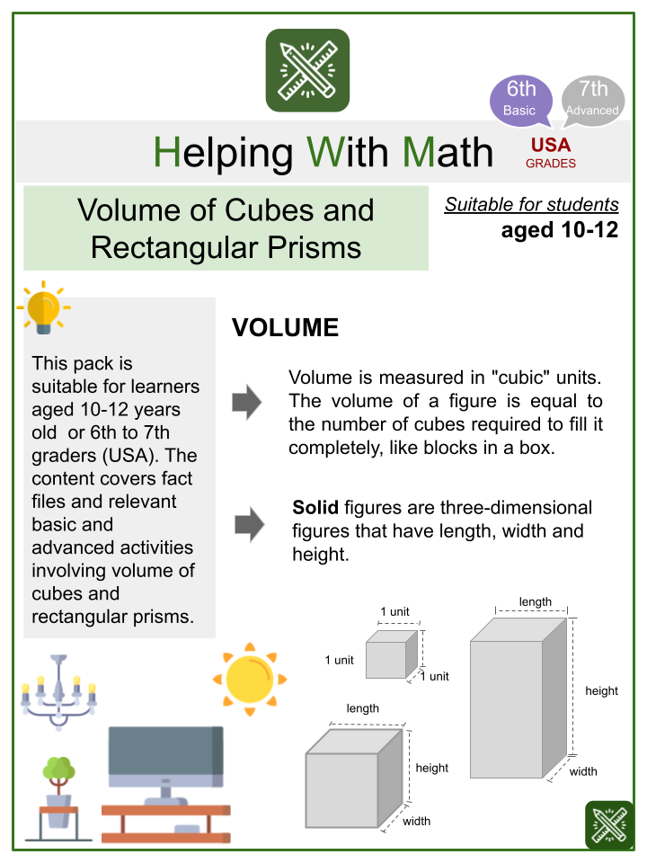Volume of Cubes and Rectangular Prisms Math Worksheets