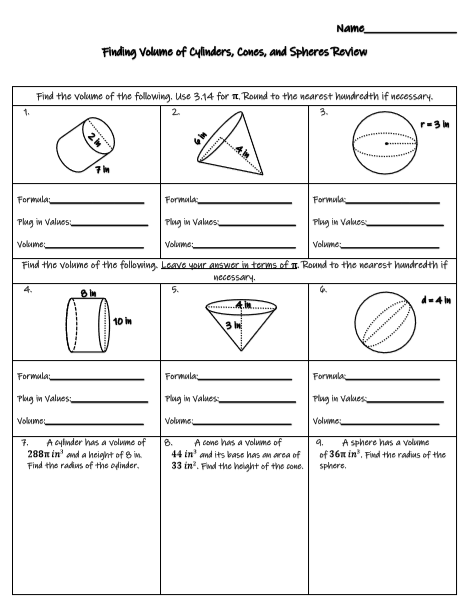 volume of spheres cones and cylinders worksheet