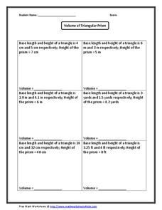 Volume of Triangular Prism Worksheet for 7th - 10th Grade | Lesson ...