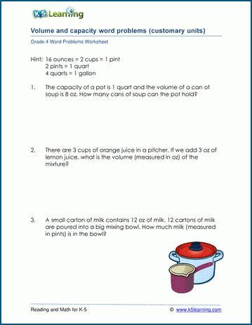 Grade 4 volume and capacity word problem worksheets | Worsheets library