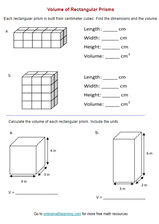 volume prism worksheet