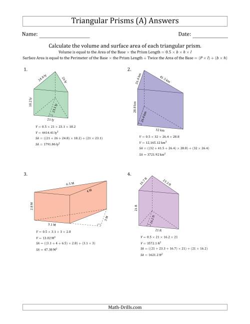 Volume and Surface Area of Triangular Prisms (A)