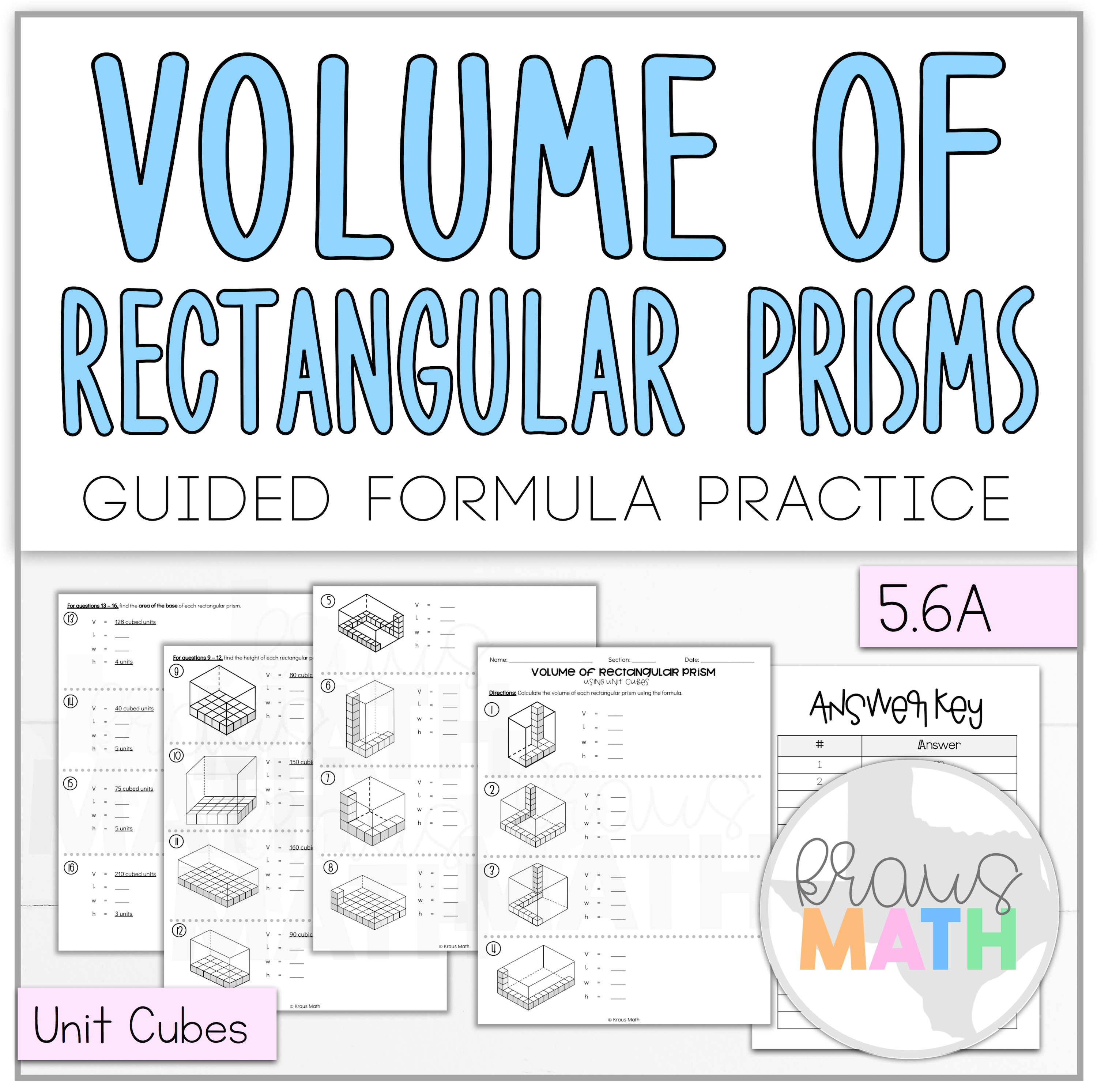 Volume of Rectangular Prisms Using Unit Cubes Worksheet (TEKS 5.6A ...