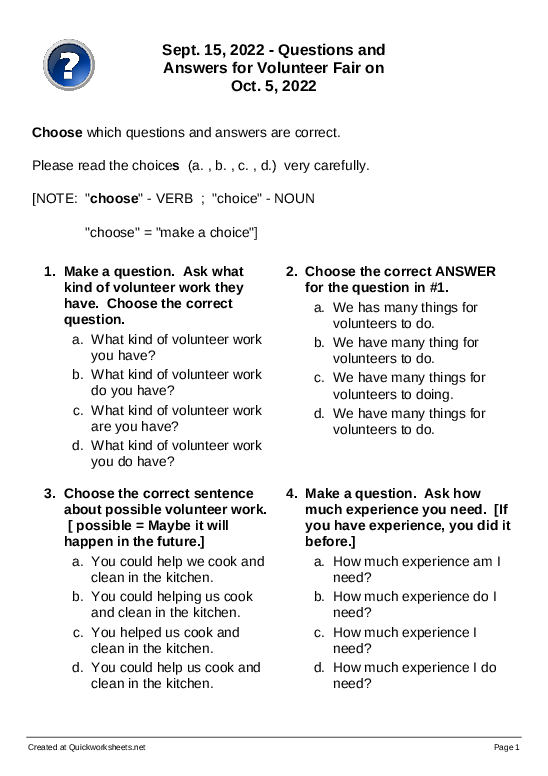Sept. 15, 2022 - Questions and Answers for Volunteer Fair on Oct ...