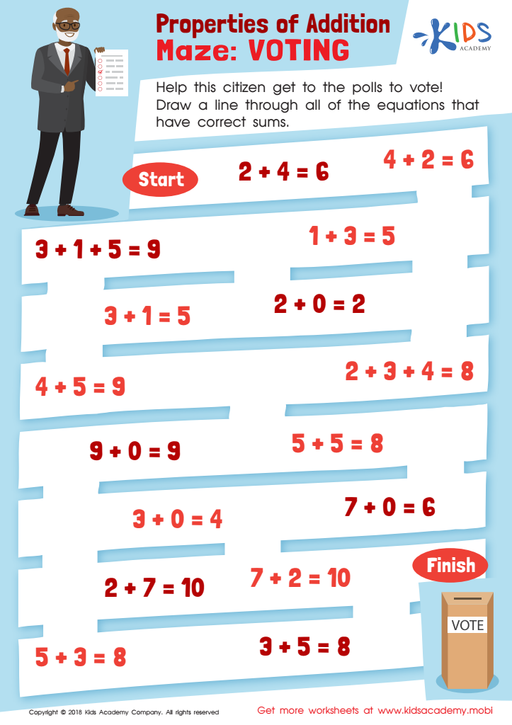 Properties of Addition Maze: Voting Worksheet for kids