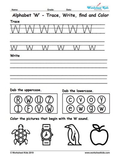 Alphabet Letter W Trace Write Find Color - Free printable PDF