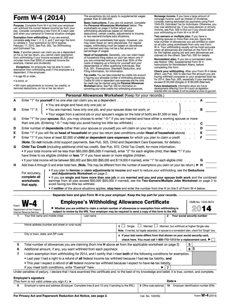 w4 worksheet calculator 2014
