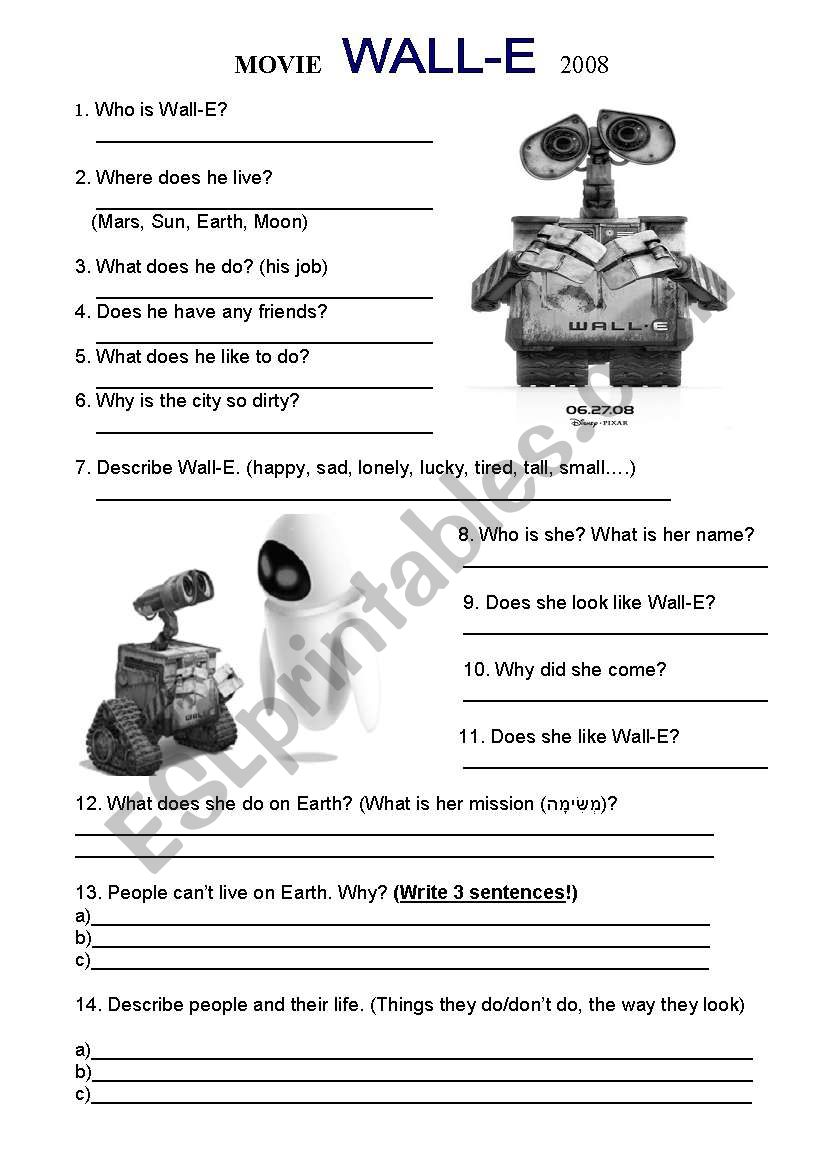 Movie WALL - E worksheet - ESL worksheet by nataliteacher