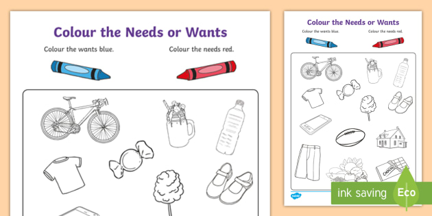 Needs and Wants Worksheet - Printable Colouring Activity