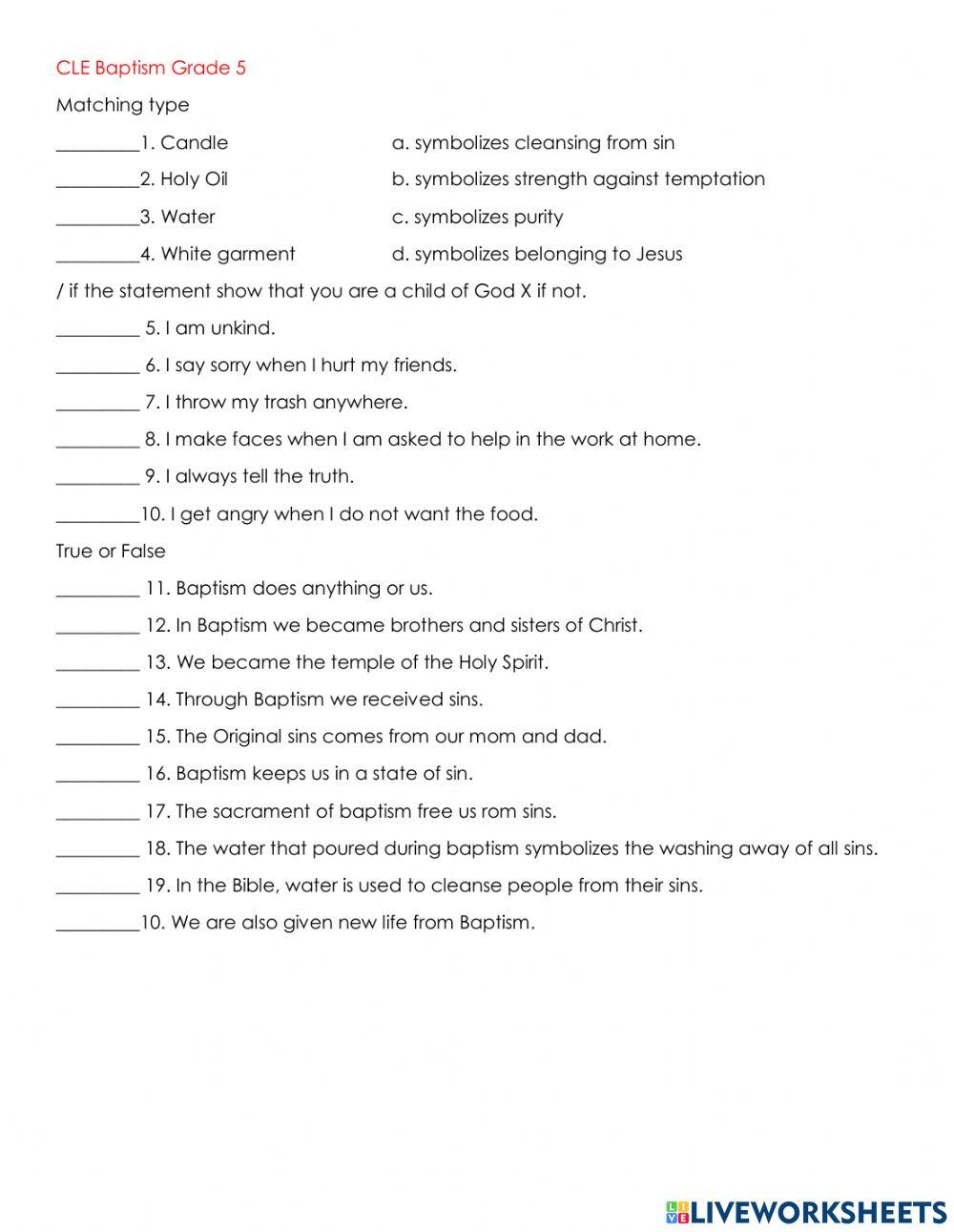 Sacrament of Baptism worksheet  