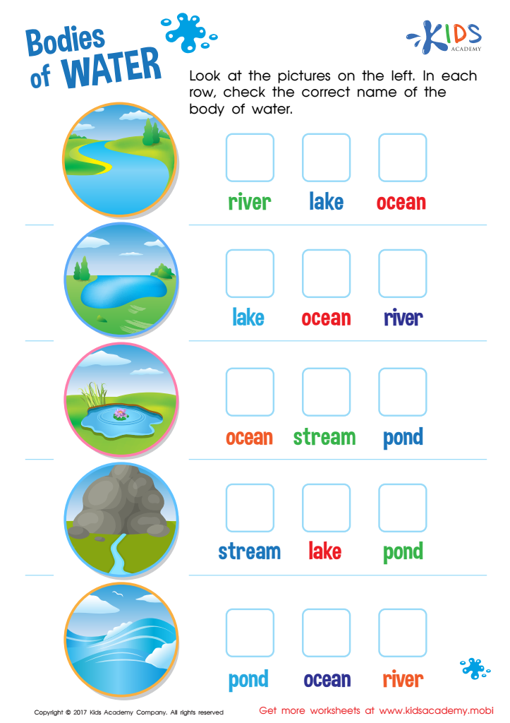 Bodies of Water Worksheet: Free Printable PDF for Kids