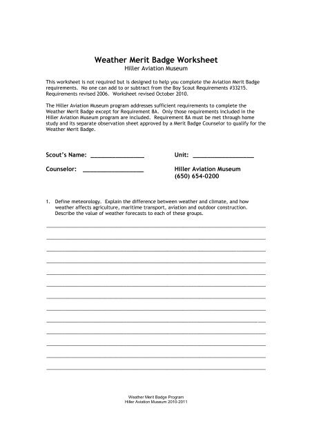 Weather Merit Badge Worksheet - Hiller Aviation Museum