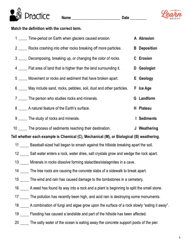 weathering and erosion worksheet for kids