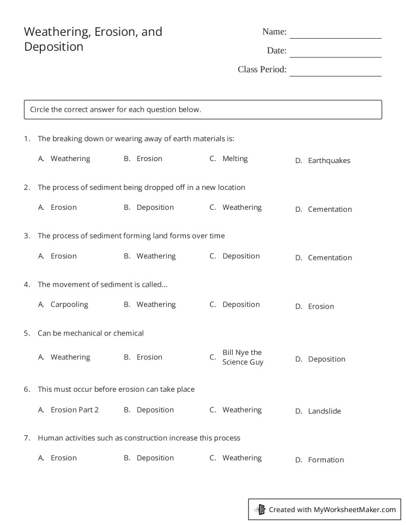 weathering and erosion worksheet