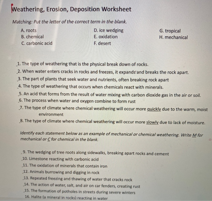 weathering erosion and deposition worksheet