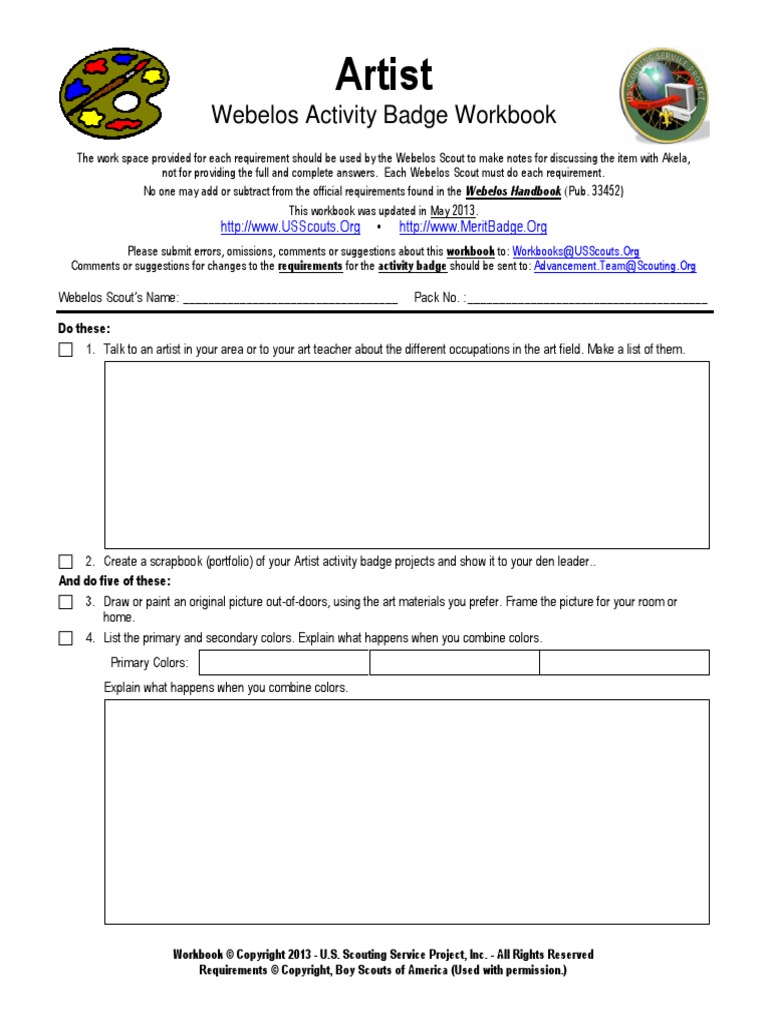 Artist: Webelos Activity Badge Workbook | PDF | Youth ...