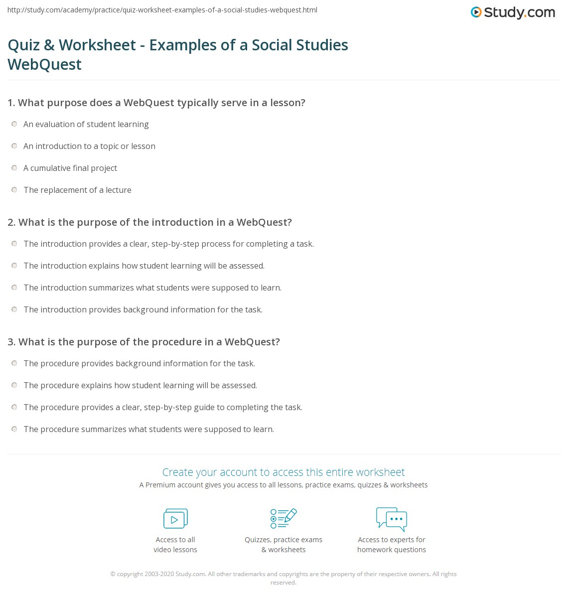 Quiz &  Worksheet - Examples of a Social Studies WebQuest | Study.com