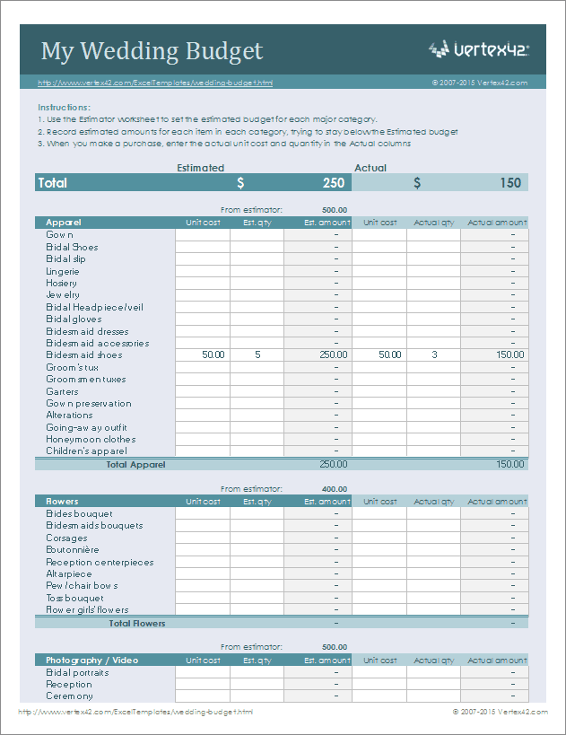 Free Wedding Budget Worksheet for Excel
