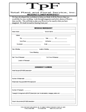 wedding flower worksheet
