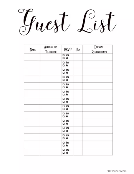 FREE printable guest list template | Customize online