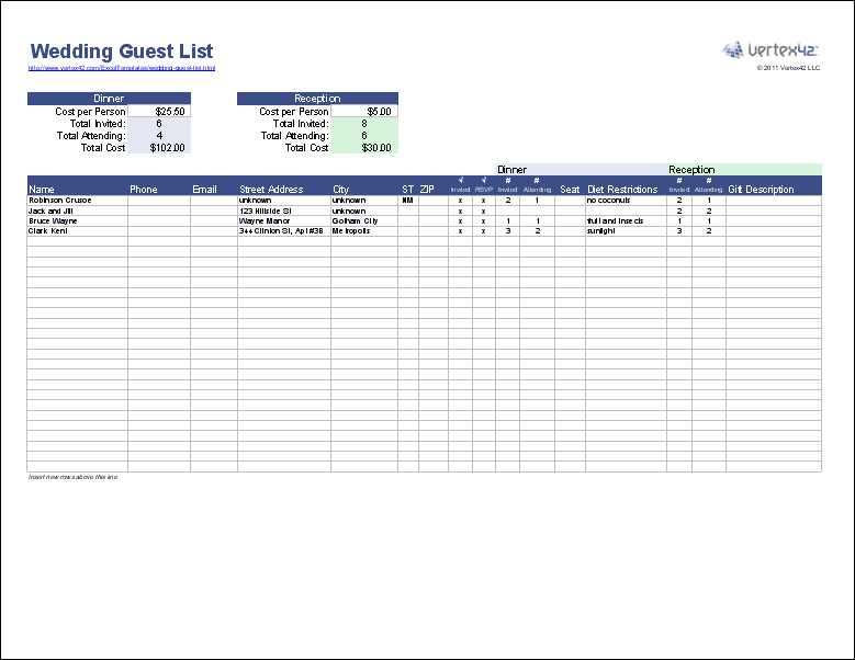 Wedding Guestlist Template for Excel