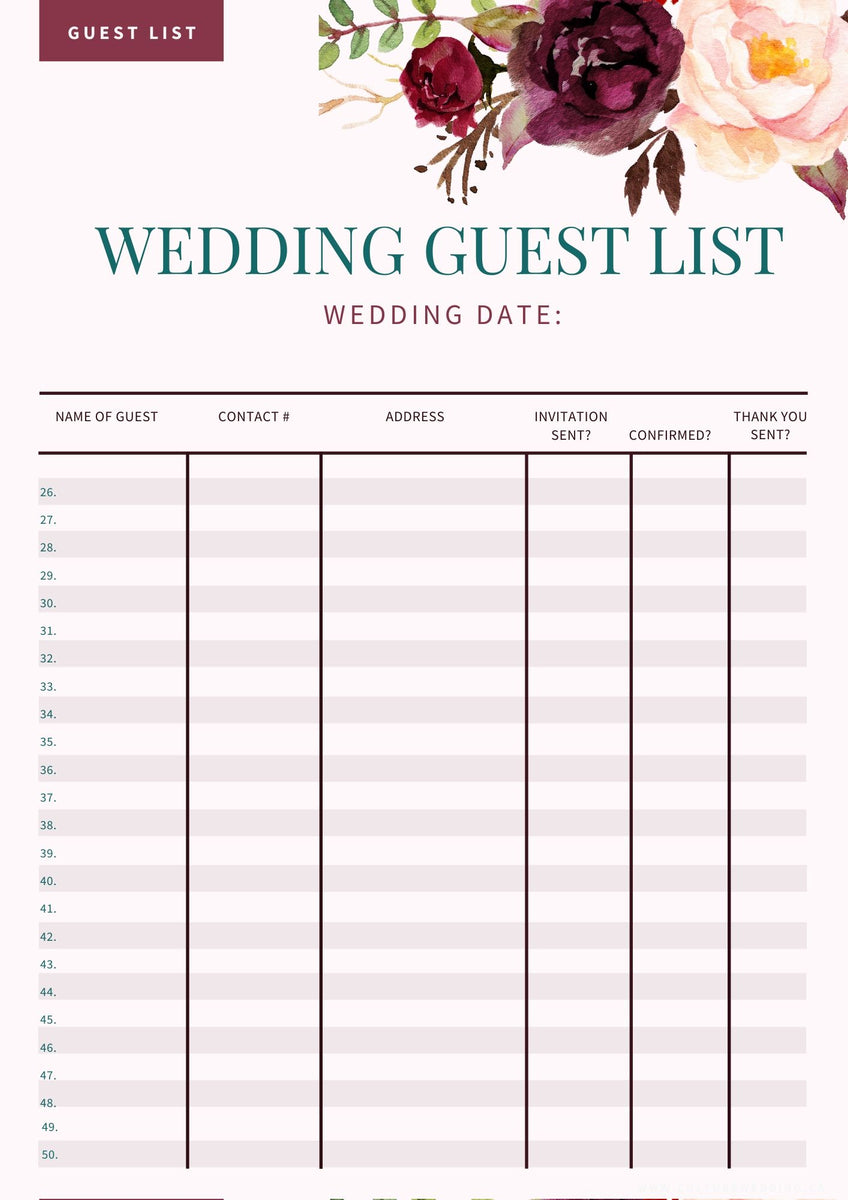 Simple Wedding Guest List Worksheet {5 Pages} - Culture Weddings ...