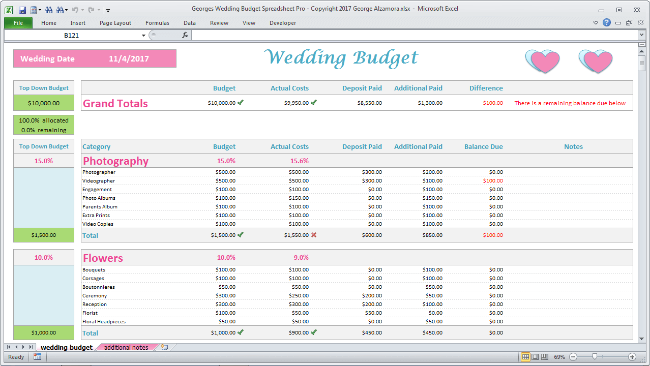 Wedding Budget Spreadsheet - Excel Wedding Planner - Pro Version ...