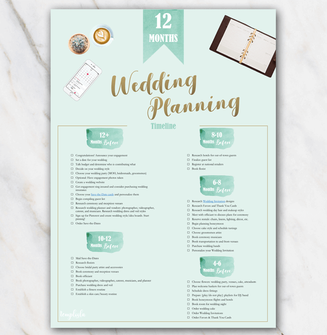 1 year Printable Wedding Planner Checklist Green | FREE