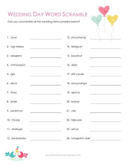 Printable Bridal Shower Word Scramble @Bridal-Shower-Games.com
