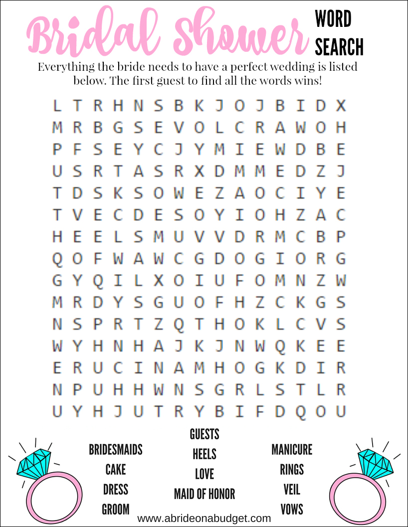 A Bride On A Budget: Bridal Shower Word Search Game (Free printable)