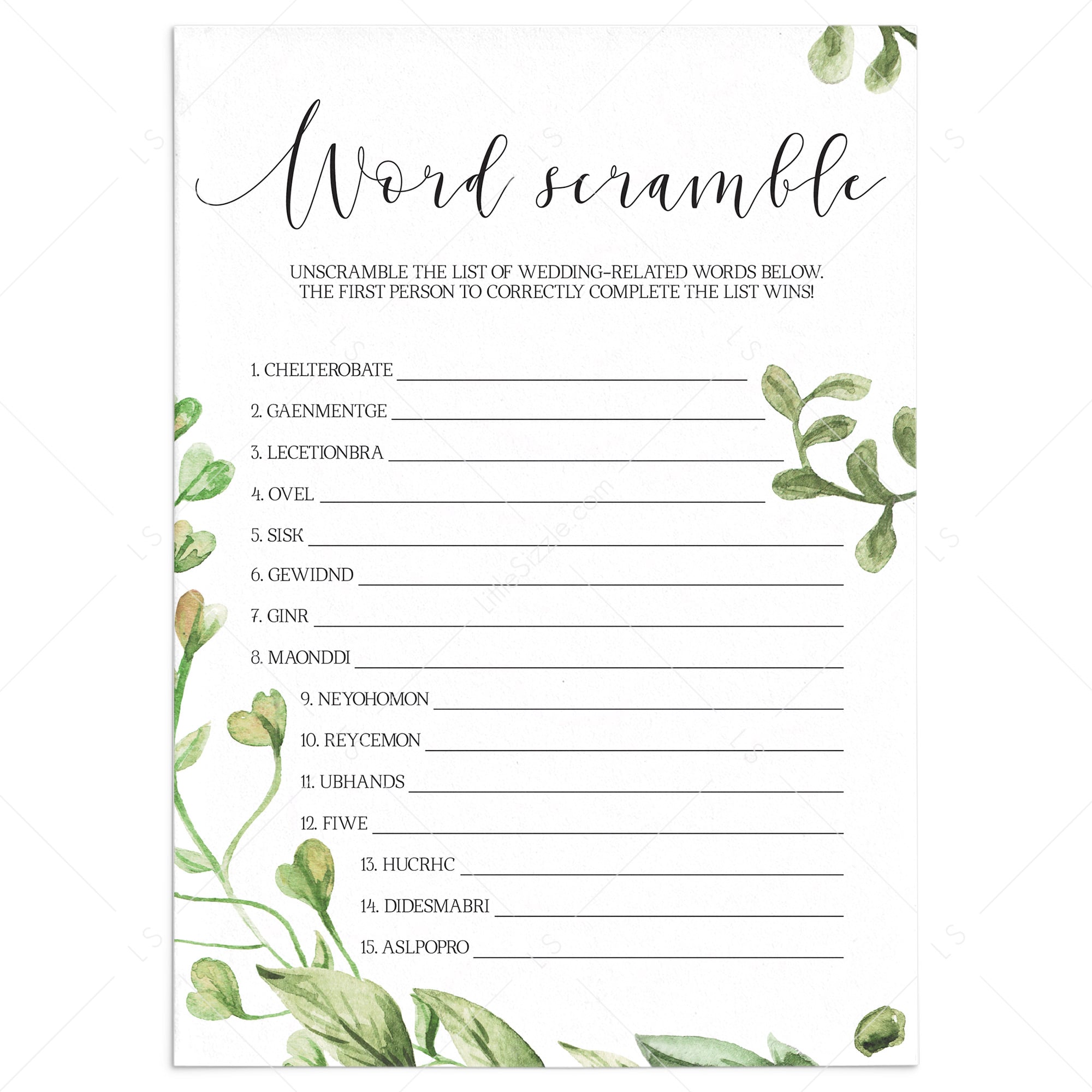 wedding word games printable