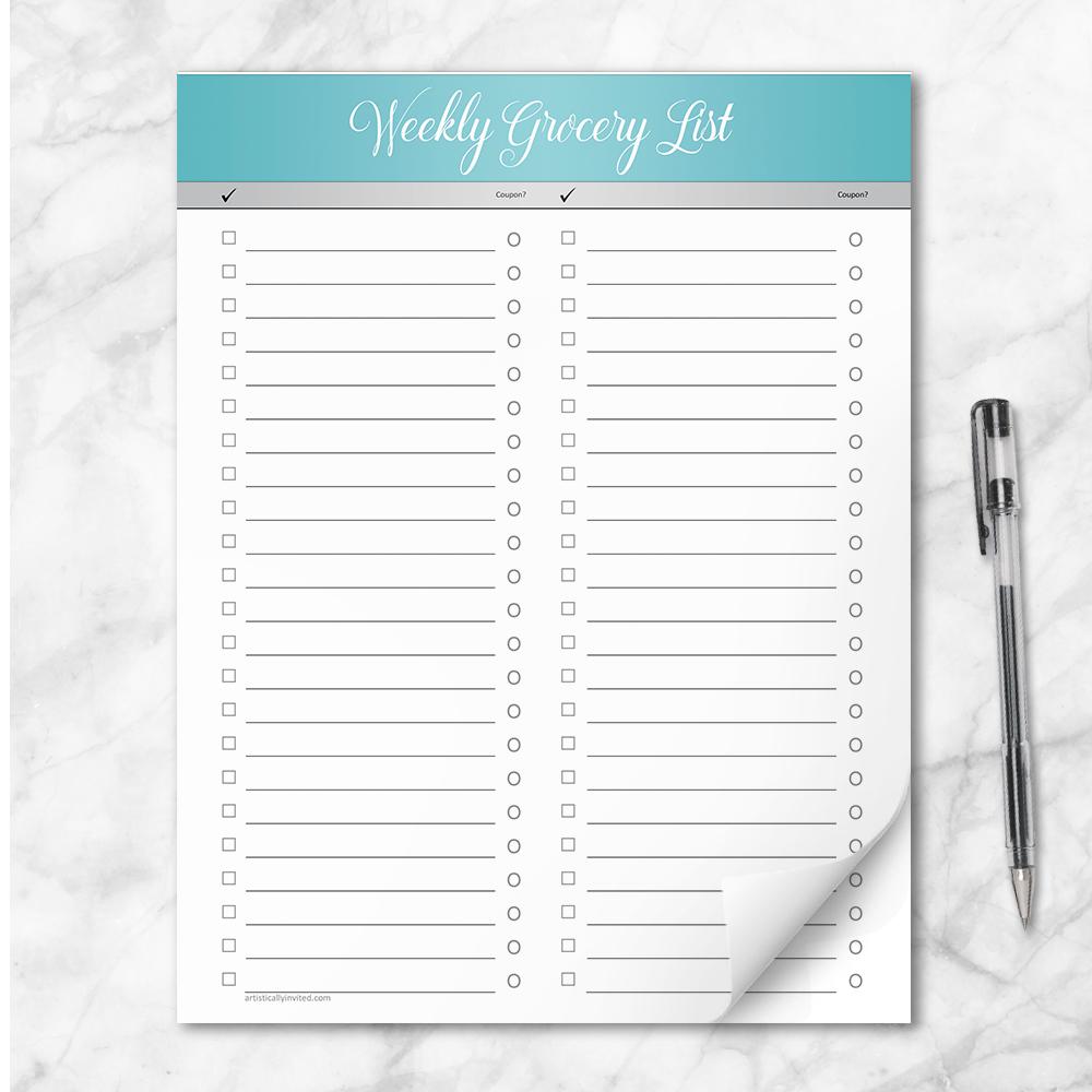 Turquoise Header Full Page Weekly Grocery List Notepad - 8.5 x 11 ...
