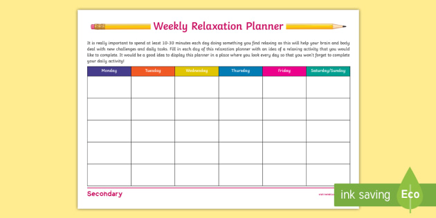 Weekly Relaxation Planner Worksheet (teacher made) - Twinkl