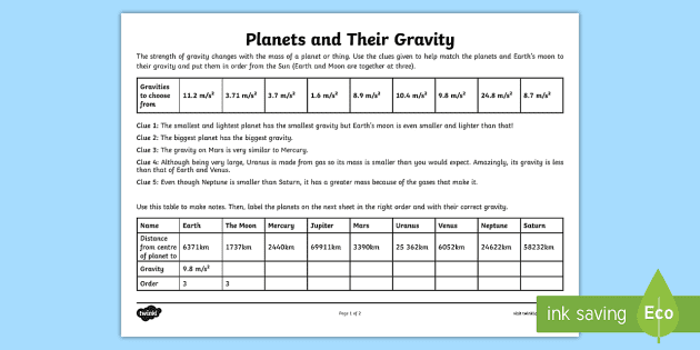 Gravity on Different Planets Worksheet (Lehrer gemacht)