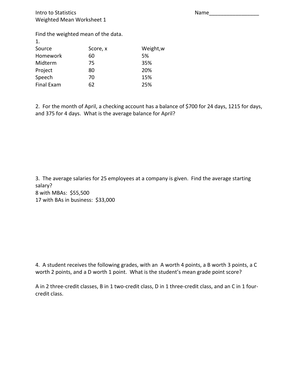 Weighted Means Worksheet 1