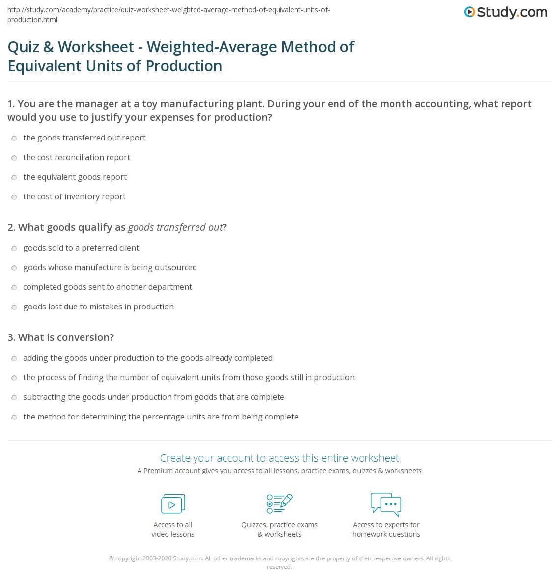 Quiz &  Worksheet - Weighted-Average Method of Equivalent Units of ...