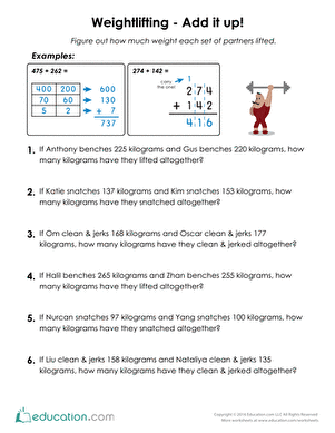 Weightlifting Addition Word Problems | Worksheet 