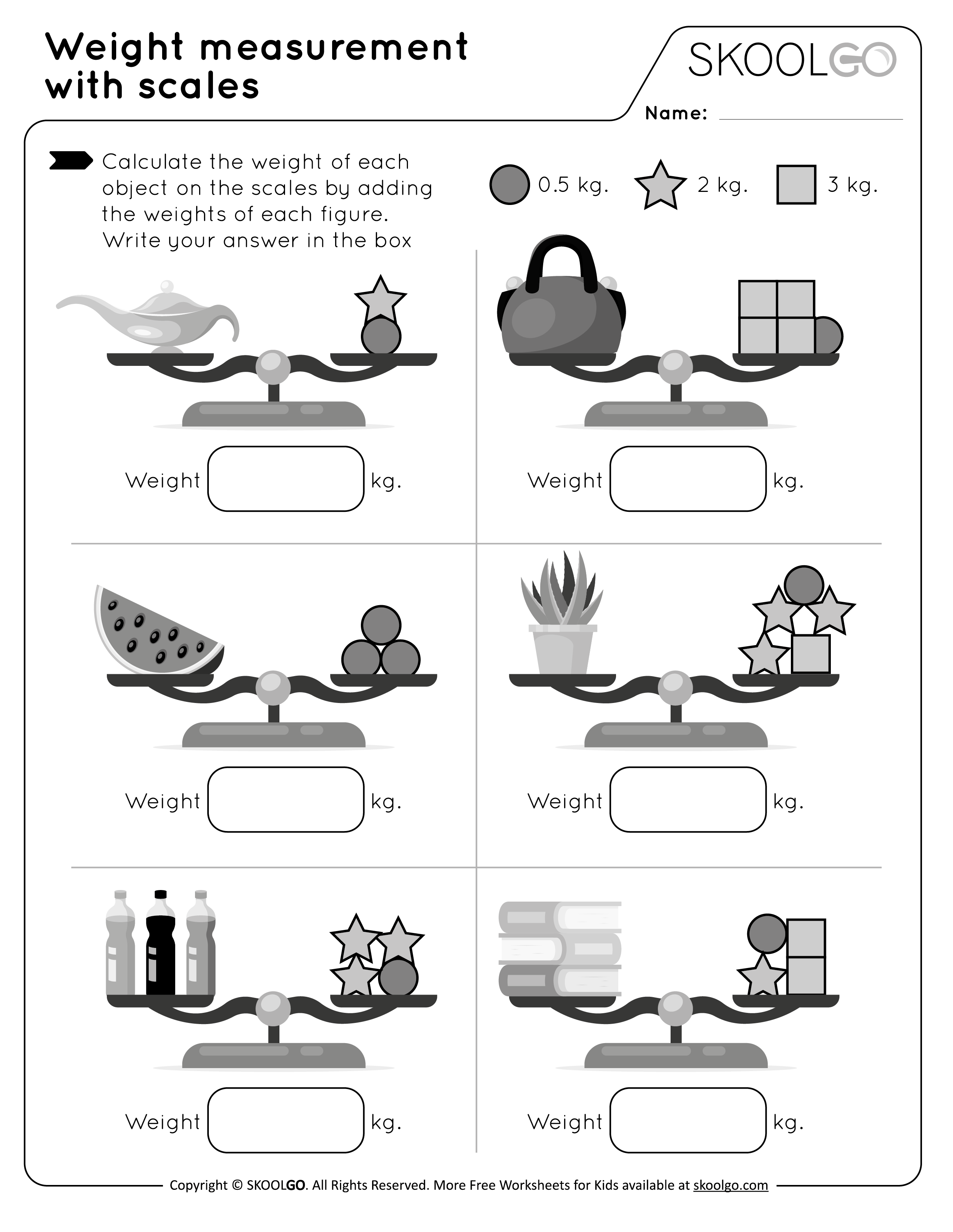 Weight Measurement with Scales - Free Worksheet for Kids by SKOOLGO