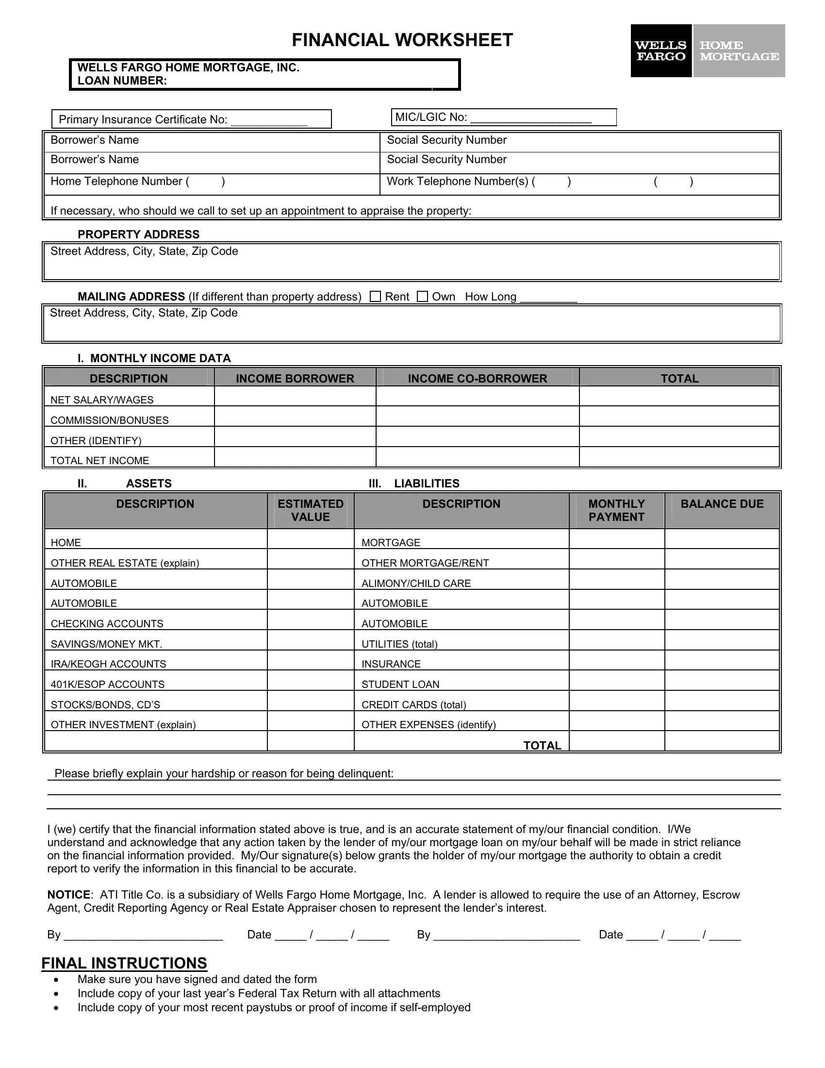 wells fargo financial worksheet short sale