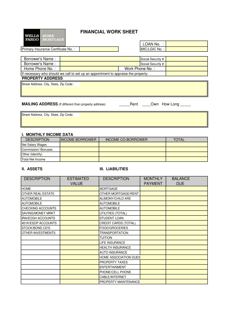 wells fargo financial worksheet