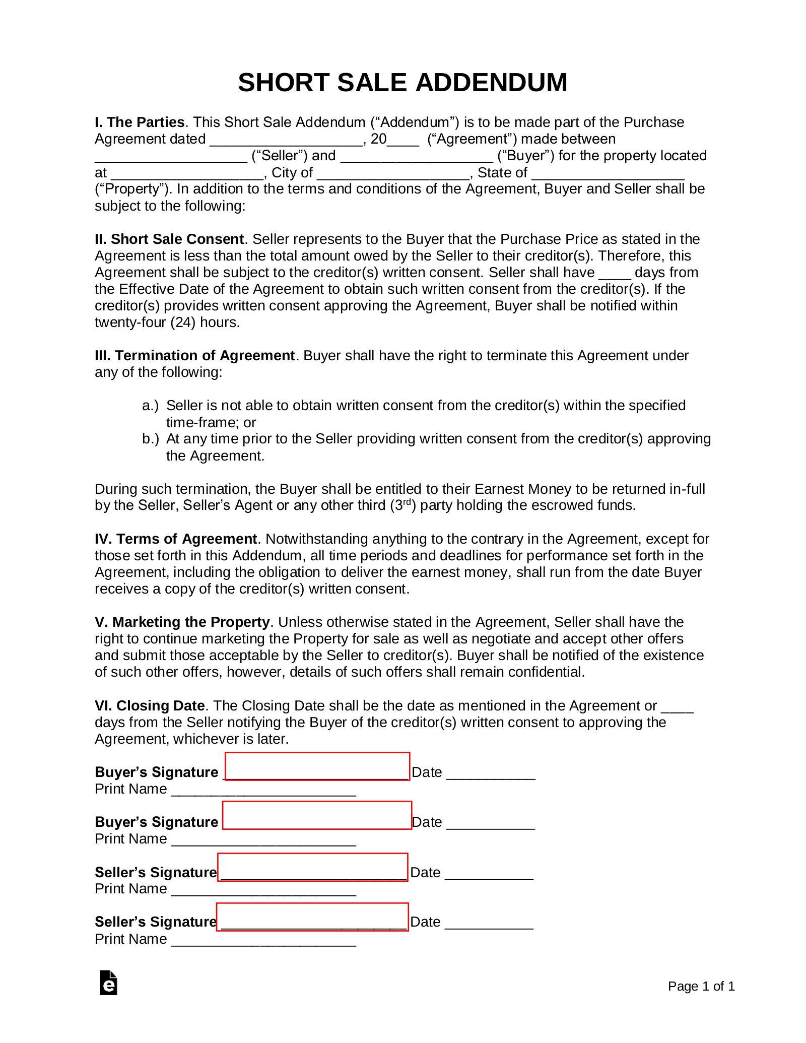 Free Short-Sale Addendum to Purchase Agreement - PDF | Word - eForms