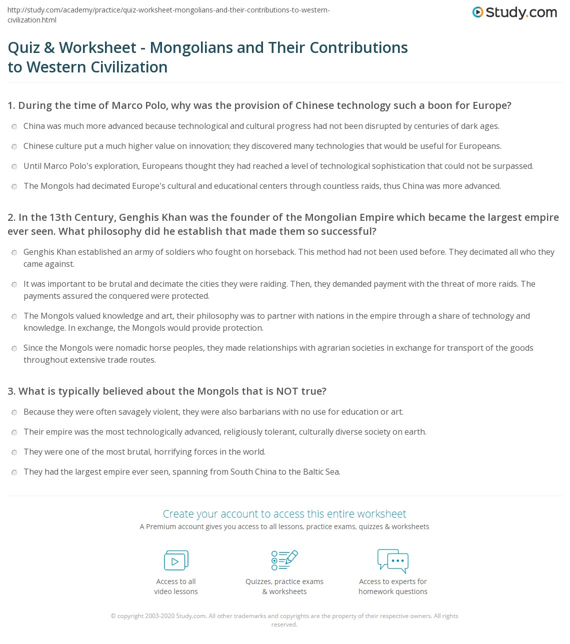 Quiz &  Worksheet - Mongolians and Their Contributions to Western ...