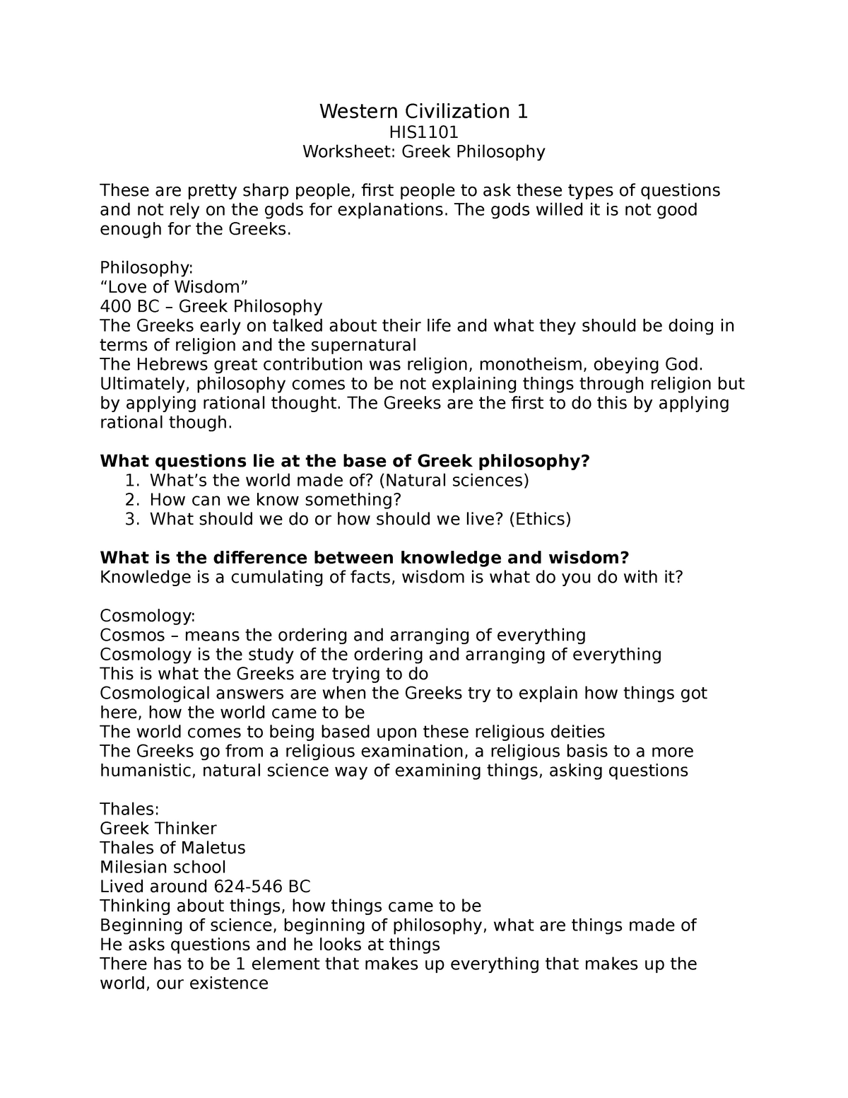 Greek Philosophy - Western Civilization 1 HIS Worksheet: Greek ...