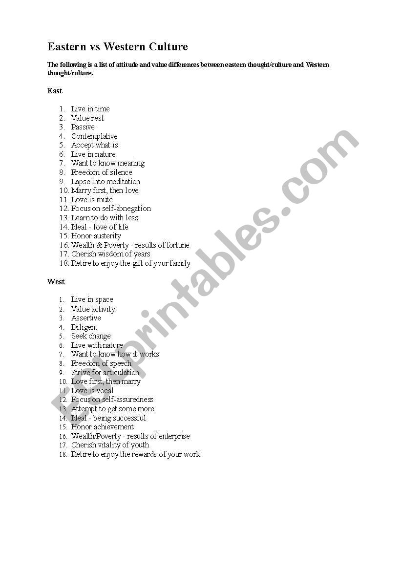 English worksheets: Eastern and Western Cultures