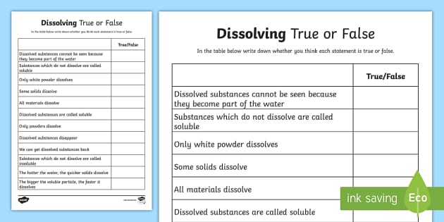 Dissolving True or False Worksheet (teacher made) - Twinkl